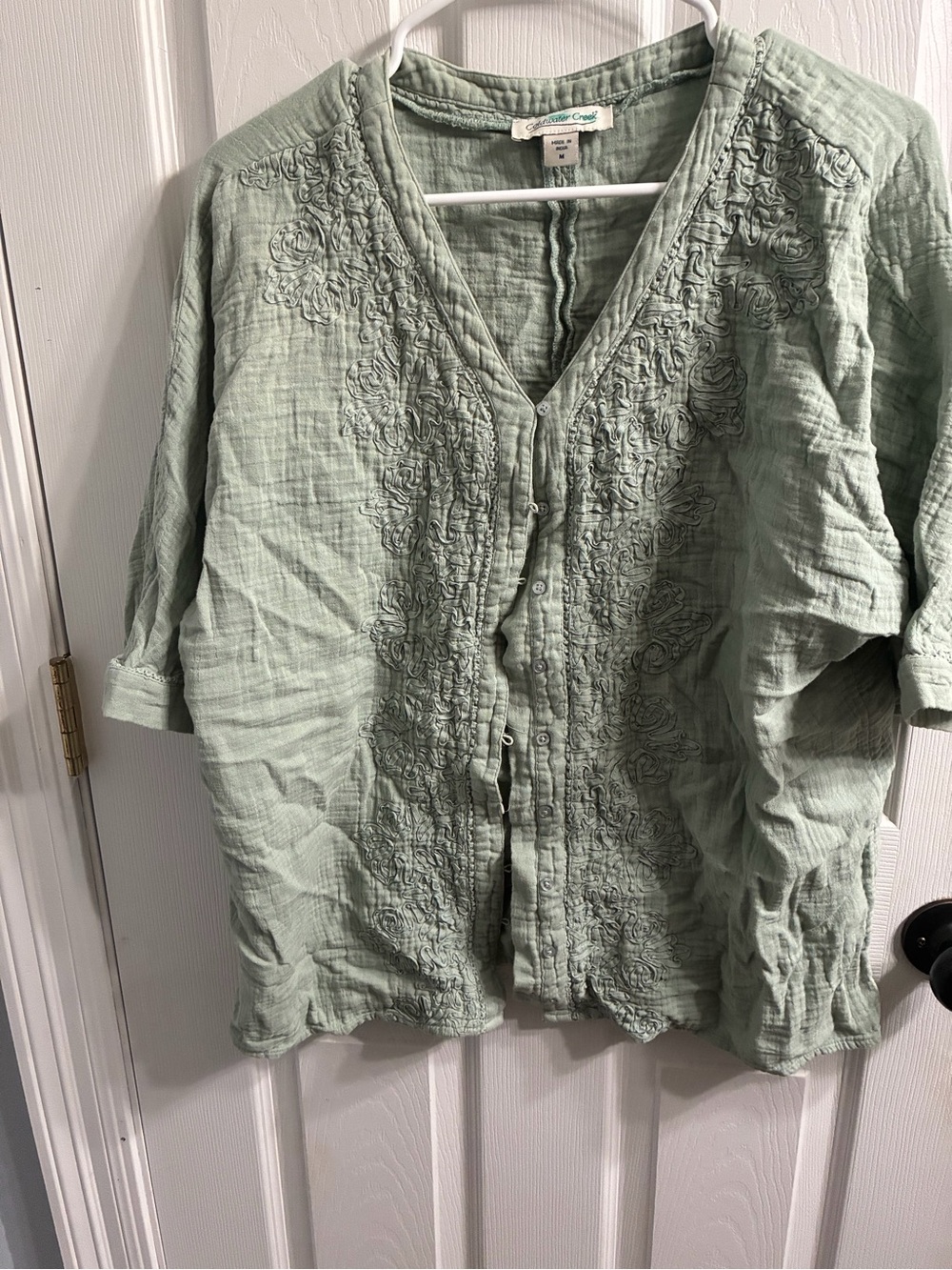 Coldwater Creek Sage Green Button-Front Embroidered V-Neck Blouse